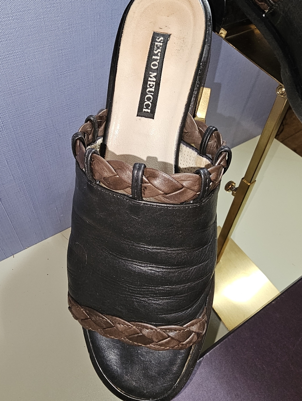 Sesto Meucci Black Leather Open-Back Mules with Brown Braided Trim Wood Stack - Picture 7 of 15